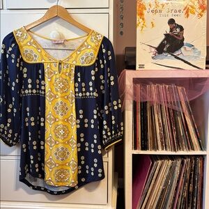 Vintage y2k Juicy Couture Peasant Blouse Boho Small Navy Gold Patterned 70’s Hot